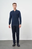 İndigo Mavi Uzun Kol Kendinden Desenli Örme Polo Yaka Classic Comfort Fit Triko 1012245156 - 2