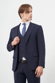Lacivert Bez Ayağı Kılıç Yaka Tam Astar Yelekli 6 Drop Slim Fit Takım Elbise 1001245386 - 1