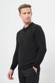 Siyah Uzun Kol Kendinden Desenli Örme Polo Yaka Classic Comfort Fit Triko 1012245162 - 2