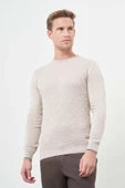 Açık Bej Uzun Kol Kendinden Desenli Örme Bisiklet Yaka Classic Slim Fit Triko 1012245200 - 3