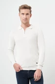 Beyaz Uzun Kol Kendinden Desenli Örme Polo Yaka Classic Comfort Fit Triko 1012245156 - 1