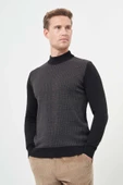 Siyah Uzun Kol Kendinden Desenli Örme Yarım Balıkçı Yaka Classic Comfort Fit Triko 1012245153 - 3