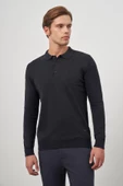 Koyu Lacivert Uzun Kol Kendinden Desenli Örme Polo Yaka Classic Comfort Fit Triko 1012245162 - 3