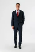 Koyu Lacivert Çizgili Mono Yaka Yünlü Likralı 6 Drop Comfort Rahat Kesim Klasik Takım Elbise 1001235173 - 7