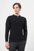 Siyah Uzun Kol Kendinden Desenli Örme Polo Yaka Classic Comfort Fit Triko 1012245156 - 1