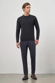 Koyu Lacivert Uzun Kol Kendinden Desenli Örme Polo Yaka Classic Comfort Fit Triko 1012245162 - 2