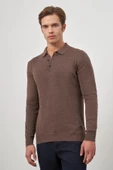 Sütlü Kahverengi Uzun Kol Düz Örme Polo Yaka Classic Comfort Fit Triko 1012245007 - 1
