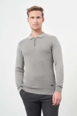 Gri Uzun Kol Kendinden Desenli Örme Polo Yaka Classic Comfort Fit Triko 1012245156 thumbnail 1