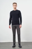 Koyu Lacivert Uzun Kol Kendinden Desenli Örme Bisiklet Yaka Classic Slim Fit Triko 1012245200 - 2
