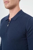 İndigo Mavi Uzun Kol Kendinden Desenli Örme Polo Yaka Classic Comfort Fit Triko 1012245156 - 4