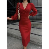 Lucky Life Kadın  Kruvaze Yaka Lucky Life Kadın Balon Kol Simli Krep Kumaş Midi Boy Elbise thumbnail 2