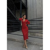 Lucky Life Kadın  Kruvaze Yaka Lucky Life Kadın Balon Kol Simli Krep Kumaş Midi Boy Elbise thumbnail 4