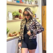 Lucky Life Kadın Uzun Kollu önden Fermuarlı Leopar Baskılı şardonlu Dalgıç Ceket - 4