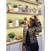 Lucky Life Kadın Uzun Kollu önden Fermuarlı Leopar Baskılı şardonlu Dalgıç Ceket - 3
