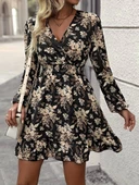 Kadın Uzun Kollu Kruvaze Yaka Beli Gipeli çiçek Desenli Kısa Dalgıç Elbise - 3