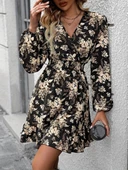 Kadın Uzun Kollu Kruvaze Yaka Beli Gipeli çiçek Desenli Kısa Dalgıç Elbise - 5