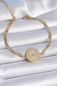MuI MuI 316L Çelik Gold Renk İtalyan Zincir Zirkon Taşlı Göz İşlemeli Madalyon Model Kadın Bileklik - 1