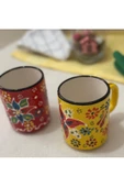 Çini El İşlemeli Seramik Dantel Desen 2li Sarı/Kırmızı Kupa Bardak - 2