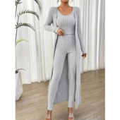 Lucky Life Yuvarlak Yaka Askılı Krop Bluz Yüksek Bel Tayt Ve Uzun Hırka şardonlu Kaşkorse üçlü Takım thumbnail 2