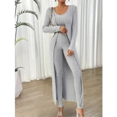 Lucky Life Yuvarlak Yaka Askılı Krop Bluz Yüksek Bel Tayt Ve Uzun Hırka şardonlu Kaşkorse üçlü Takım thumbnail 1