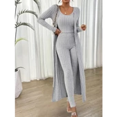 Lucky Life Yuvarlak Yaka Askılı Krop Bluz Yüksek Bel Tayt Ve Uzun Hırka şardonlu Kaşkorse üçlü Takım thumbnail 5