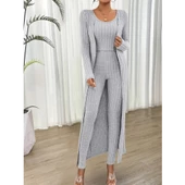 Lucky Life Yuvarlak Yaka Askılı Krop Bluz Yüksek Bel Tayt Ve Uzun Hırka şardonlu Kaşkorse üçlü Takım thumbnail 3