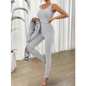 Lucky Life Yuvarlak Yaka Askılı Krop Bluz Yüksek Bel Tayt Ve Uzun Hırka şardonlu Kaşkorse üçlü Takım thumbnail 4