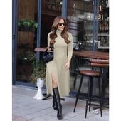 Lucky Life Kadın Uzun Kollu Balıkçı Yaka Derin Yırtmaç Detay Krep Elbise thumbnail 3