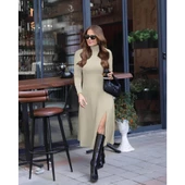 Lucky Life Kadın Uzun Kollu Balıkçı Yaka Derin Yırtmaç Detay Krep Elbise thumbnail 1