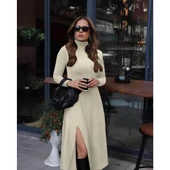 Lucky Life Kadın Uzun Kollu Balıkçı Yaka Derin Yırtmaç Detay Krep Elbise thumbnail 4