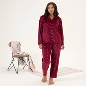 Estiva Yıldız Desen Önden Düğmeli Kadife Bayan Pijama Takım - 1