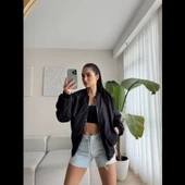 Unisex İçi Astarlı Düz Bomber Ceket - Siyah - 2