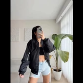 Unisex İçi Astarlı Düz Bomber Ceket - Siyah - 3