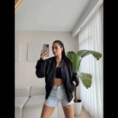 Unisex İçi Astarlı Düz Bomber Ceket - Siyah thumbnail 1