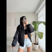 Unisex İçi Astarlı Düz Bomber Ceket - Siyah thumbnail 3