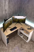 Durusilya Mobilya L Çalışma Masası Bilgisayar Masası Dolaplı Kitaplıklı Meşe Beyaz - 7