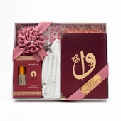 Takke + Esans + Tesbih + Seccade + Kadife Kuran Hediye Seti (Çanta Boy, Bordo) thumbnail 2