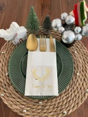 Gold Yaldızlı Beyaz Cepli Aır Touch Happy New Year Geyik Boynuzu Peçete 12 Adet 40x40 - 1