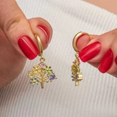Gümüş Gold Renkli Taşlı Hayat Ağacı Kadın Küpe - 1