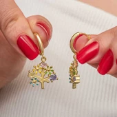 Gümüş Gold Renkli Taşlı Hayat Ağacı Kadın Küpe - 5