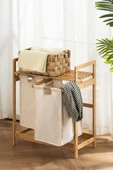 Digithome Bambu 2 Bölmeli Kirli Sepetli Çamaşır Sepeti Raflı Banyo Düzenleyici DB-0007 - 1