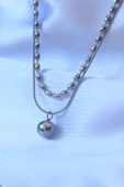 316L Çelik Çift Zincirli Gümüş Renk Topçuk Model Kolye - TJ-BKO8881 thumbnail 2