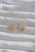 Pirinç Gold Renk Fiyonk Detay İncili Zirkon Taşlı Kalp Küpe - TJ-BKP9299 thumbnail 1