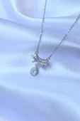 316L Çelik Zincirli Gümüş Renk Zirkon Taşlı Damla Detay Fiyonk Model Kolye - TJ-BKO8897 thumbnail 3