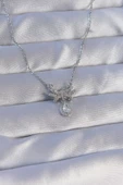 316L Çelik Zincirli Gümüş Renk Zirkon Taşlı Damla Detay Fiyonk Model Kolye - TJ-BKO8897 thumbnail 1