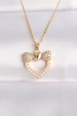 316L Çelik Zincir Altın Renk İnci Taş Detay Zirkon Taşlı Kalp Kolye - TJ-BKO8630 thumbnail 1