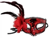 Kırmızı Renk Yandan Tüylü Güllü Gümüş Taşlı Pullu Maske 20x22 Cm - 1