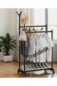 TRENDESK Metal Siyah Tekerlekli Çift Katlı Konfeksiyon Askılığı   Giysi Elbise  Askılığı  6011 - 1