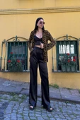 3'lü Saten Leopar Desenli Bustiyer Pantolon Siyah Takım - 3