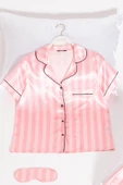 5'li Pembe Fuşya Çizgili Saten Pijama Şort Takım - 2